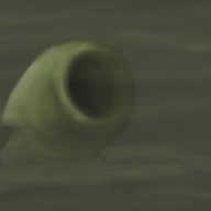 A coloured, painted-style scene showing a dull green-brown expanse of roiling fog in which lurks the dim shape of a rounded robot shaped like a thick, slightly bent tube with two banded arms hanging loosely at its sides. In place of a face, the robot has only a huge, round, gaping maw with a slightly raised, disturbingly organic lip around its edge.