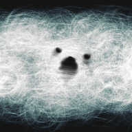A large, wispy cloud made up of swirling tangles of tiny lines, blue around the edges and turning white where they're most dense. In the middle is a soft-edged face made up of angry eyes and a wide, bellowing mouth.