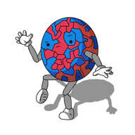 An ovoid robot with jointed arms and legs. It's lifting one leg, holding out its arms and twisting slightly in order to look down at itself doubtfully. The robot's body is made up of a mosaic of seemingly random shapes coloured in either blue or red. The blue shapes are mostly large and relatively regular, while the red ones snake around, arbitrarily connecting up disparate areas, or are divided up into small fragments.