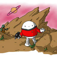 An ovoid robot wearing a Star Trek uniform jersey in the classic red of the operations division, wielding a hand phaser as it creeps past a rocky outcropping, frowning into the distance. Behind it, an angled, spiky rock formation that doesn't in any way resemble Vasquez Rocks in California looms in front of a pink, alien sky with a ringed planet high above. Approaching from behind the unknowing robot is a Gorn from the Star Trek episode "Arena".