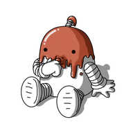 A round topped robot with banded arms and legs and an antenna, sitting on the ground with its feet splayed out in front of it. Reflective brown chocolate is dripping down the robot, covering about half of its body and almost all of its antenna bobble. The robot is sticking one ganache-covered finger in its mouth.