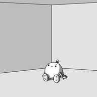 A view of an empty room, with a spherical robot with banded arms and legs and an antenna sitting on the floor near the corner. The robot looks bereft and maybe a bit surprised.