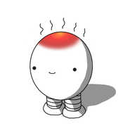 An ovoid robot with banded legs. The top of its head appears to be glowing, the colour fading from deep red to yellow, and heat lines are rising from it. The robot looks pretty happy about the situation, but is perhaps smiling a little vacantly.