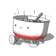 A robot in the form of a cooking pot with a slightly rounded underside that is also glowing a deep red colour. The pot section is filled with something that is topped with disc-shaped foodstuffs - probably slices of potato - with a dark interior, revealed by the presence of a spoon inserted into it and resting against the rim. The robot has four banded legs on its underside and is walking along, smiling happily. Lines of heat rise from the stew.
