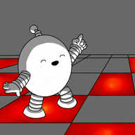 An ovoid robot with banded arms and legs and a coiled antenna, standing on a dance floor composed of light-up squares. The square the robot is standing on is illuminated, as are the squares in diagonal rows from the corners of that square, and they all glow a warm red colour. The robot is striking a pose, cocking one leg and raising a hand and pointing in the air, with its eyes closed and a big, happy smile on its face.