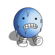 A spherical robot with banded legs, walking forwards. The robot's face is set in a wide grimace with teeth-bared, and its hung with a number of small icicles. It's body/head is glowing blue.