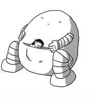 A large ovoid robot with banded arms and legs, sitting on the ground with its eyes shut, apparently asleep. It has a pocket built into its front in which a person is nestled, also asleep, with a contented smile on their face.