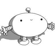 An ovoid robot with banded arms and legs and an antenna.  But, crucially, the ovoid is on its side, so the robot is unusually wide.
