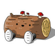 A robot in the form of a Yule log; a log lying on its side. Its banded legs are splayed out in front of it and it's smiling happily. Atop the robot/log are three Mushroombots (little robots in the form of cartoon fly agaric mushrooms), one of which is asleep.
