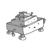 A set of five rectangular robot tins for baking cakes. Each has a face on the front, arms on either side and four squat legs in each corner. They are stacked within one another and the second and third ones down are having a fight, angrily pulling at one another. The topmost tin is out of alignment and looks alarmed while the one on the bottom seems to be sternly telling the others off.