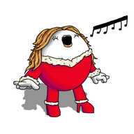 An ovoid robot wearing a red, fur-trimmed jumpsuit that incorporates heeled boots, holding out its hands and tilting backwards to sing with its eyes closed. It's wearing lip gloss, has long eyelashes, and has a cascade of balayage hair framing its face. A long, cartoon musical note with multiple stems is emerging from the robot's mouth, representing Mariah Carey's distinctive, polyphonic warble.