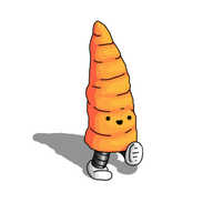 A robot in the form of a carrot. It's orientated narrow end upwards, with the robot's banded legs on its underside and its face quite close to its base. It's walking along, quite happily.