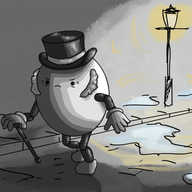 A scene depicting an ovoid robot with jointed arms and legs stalking its way down a Victorian street awash with snow and slush. The robot wears a top hat and carries a cane and it has heavy mutton-chop sideburns. It looks very grumpy and has wrinkles around its eyes. The background is rendered in a watercolour style and the light of a lamppost shines behind Scroogebot, leaving its face mostly in shadow.