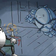 A scene depicting Scroogebot in a nightcap, riveted to its armchair in fear, a candle on the small table next to it, as the spectral form of Marleybot appears floating before it in darkened chambers. Marleybot is an avoid robot with banded arms and legs, a braided tail of hair tied with a ribbon floating behind it and a kerchief tied longitudinally around its whole body, tied at the top. Chains are wrapped around it, hung with keys and padlocks, and suspended from floating cash boxes. The robot has glazed, empty eyes and is raising one hand threateningly while the other points at Scroogebot. Marleybot is coloured only in shades of blue and is semi-transparent, revealing some details of the room behind it through its body.