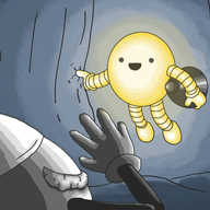 A scene of Scroogebot viewed from behind, wearing its nightcap and holding up its hand defensively as the drapes are thrown back on its bed by a floating, spherical robot with banded arms and legs and a happy expression on its face. The robot is glowing with golden light, illuminating the scene, and carries a black, conical hat under its arm with a little sphere on the end.