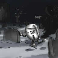 A scene of a dark, snowy graveyard, with a church in the background and several stark trees surrounding it. Scroogebot is on its knees, looking terrified before a gravestone, while behind it is a shrouded, hooded robot (?) whose tattered robes are being stirred by the wind. It is holding out one hand and pointing to the grave, and its hand is robotic, but segmented and pale so it resembles a skeletal claw. Within its hood, all is dark, except for two pale, staring eyes.