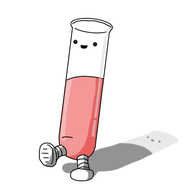 A robot in the form of a test tube. It has banded legs on the bottom and a smiling face near the top. The robot is about half full of an opaque pink liquid.