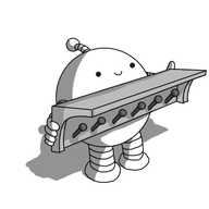 A spherical robot with banded arms and legs and an antenna. It's smiling and across its chest it's holding what appears to be a wooden, wall-mounted hat rack, with several pegs below a shelf mounted on curved brackets.