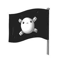 A robot in the form of a black flag. On the flag - it's unclear if it's actually the robot or a design on the flag - is an ovoid robot with a very grumpy face. Behind its body are two crossed, banded arms that are disconnected, revealing two little connecting ports on each end of them.