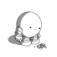 A spherical robot with banded arms and legs, looking down at a smashed egg near its feet. Its arms hang down by its side and it has a blank expression on its face.