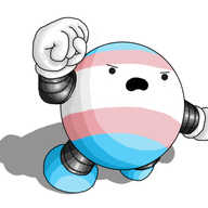 A spherical robot with banded arms and legs. It has one fist cocked and its lunging forward, yelling angrily. It's drawn in full colour, and its body is striped in the blue-pink-white-pink-blue of the trans pride flag.