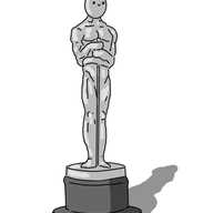 An Academy Award statuette - a gold effigy of a muscular man holding a stylised sword, atop a small black, cylindrical plinth - but instead of its sculpted head, it has an ovoid with a little smiling face on it.