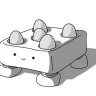 A robot in the form of a rounded cuboid with a square top, supported by four short, banded legs. The top of the robot has five circular cavities arranged like the pips on a die (one in each corner and one in the middle), with an egg resting comfortably in each of them. The robot's face is on one of its sides and it's smiling happily.