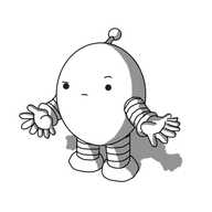 An ovoid robot with banded arms and legs and an antenna. It has seven fingers on each hand, which it's looking down at with a confused, slightly annoyed expression on its face, one eyebrow raised.