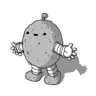 An ovoid robot with banded arms and legs and an antenna. It's holding out its arms and smiling. Its body, its antenna bobble and its feet are all covered in a layer of fuzz.