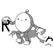 A smiling, round robot with jointed arms and legs and an antenna. It's picking up a large, black capital 'R', while pushing away a lower case 'r' with the other hand.