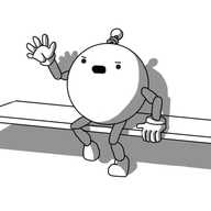 A spherical robot with joined arms and legs and a coiled antenna, sitting on a bench attached to a wall. It's leaning forward, one foot already off the ground, raising a hand with a determined expression on its face, opening its mouth to speak.
