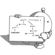 A spherical robot with banded arms and legs and an antenna, peeking out from behind a large, rectangular board it's holding, on which is written a sort of family tree connecting it - via six links - to the T-1000, the liquid metal robot villain from Terminator 2. The actual names on the chart are illegible, except for Tenuousbot and T-1000, to which the robot is pointing proudly.