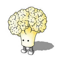 A robot in the form of a floret of cauliflower, cut off at the stem, with two banded legs on the underside. The robot just has eyes, which are on the stem.