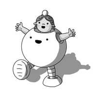 A robot in the form of a costume for a small child. A child is wearing it, and it takes the form of a spherical shell that covers their torso, with circular holes for the arms, head and legs (though you can't see these). The child wears a hairband with a spherical bobble on the top, representing the robot's antenna, their arms are the arms, and they're wearing stripy tights to imitate the appearance of banded robot legs. Finally, the costume comes with large, round shoes that look like the hemispherical feet common to most small robots. Both robot and child are smiling widely, and the child is walking along, one foot raised, arms held out, in a common small robot pose.