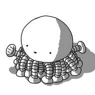 A spherical robot with lots and lots of banded legs on its underside. It's smiling happily and lifting one of them.