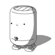A robot in the form of a large, rectangular barrel with rounded ends. It has a circular hole in the top with a banded cover protecting its interior, four banded legs on its underside and a little tap just above the point where its lower curve stops. The robot's face smiling face is about two-thirds of the way up the barrel.