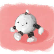 A rough, watercolour-style image of a round robot with banded arms and legs and an antenna, against a pink background. The style is deliberately free-form and rough, with only the suggestion of shading and details, applied with hasty indifference. Still, it looks happy enough.