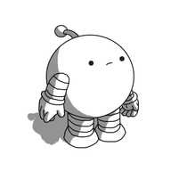 A spherical robot with banded arms and legs and an antenna. It's tilted slightly upwards and has a rather uncertain expression on its face.