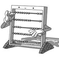 A robot in the form of a rectangular abacus. Its frame holds five rods or wires strung with spherical beads, each of which is also a little robot with a face on it. The main robot's smiling face is at the top of its frame and it has two jointed arms, the hands of which are moving to manipulate the beads. It has two triangular tracks on either side of its base. The bead-robots have various different expressions. Some are talking to each other, or looking at the approaching hands, and a couple, naturally, are asleep.