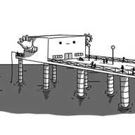 A robot in the form of a seaside pier. It's suspended over a stretch of seawater, and consists of a large, flat, rectangular surface and a little cuboid building near the end. The struts of the pier are on either side, with four pairs visible, and take the form of banded robot legs. The robot's face is on the building, above a door and a couple of sets of windows. There are guardrails along the side of the pier, with crossed bars in each section, and a row of tall lights along the centre. At the far end of the pier, behind the building, is a short section for observing the view uninterrupted. People are dotted along the pier, including someone fishing from the very end. The building has two banded arms, raised in welcome, and the robot is smiling happily.