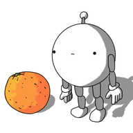 A spherical robot with jointed arms and legs and an antenna. It has a blank, vacant expression on its face, and there is an orange - about two-thirds the size of the robot - on the ground beside it.