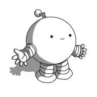 A spherical robot with banded arms and legs and a zigzag antenna. It's standing there, arms held out, smiling, and is in no way disturbing or sinister.