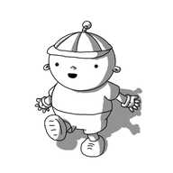 A picture of a sort of stylised child. It has an ovoid head, is wearing a cap with a banded robot antenna on the top. Its body is scarcely larger than its head and its wearing shorts and t-shirt. It has gloves on like the small robots and its feet are like small robot feet except they have laces. The robot (?) is walking forward, smiling.