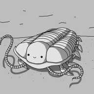 A robot in the form of a trilobite, the extinct marine arthropod. It has a front section made up of three bulges, the middle of which has a little face on it, and behind that a thorax consisting of three ribbed sections. Jointed feelers extend from below a curved plate beneath its front and it has lots of jointed legs on its underside. It's happily roaming across a sandy seabed.