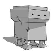 A robot that appears to be built of concrete. Its body is a big cube, with a flared section atop it and a final cuboid on top of that. It has four banded legs on its underside, with trapezoid-shaped feet. The robot's face is on the flared part, and there are various cracks and small missing chunks across its surface, but it seems happy enough.
