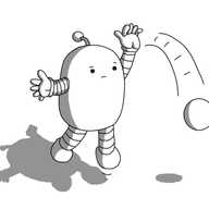 A rounded robot with banded arms and legs and an antenna, jumping slightly up into the air, arm extended having just thrown a ball. Said ball is describing a sad little arc groundwards, barely out of the robot's reach. The robot is looking plaintively at the ball as it falls.