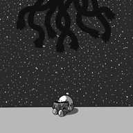 A spherical robot with banded arms and legs and an antenna, sitting on the ground beneath a vast sky filed with stars, reading a book that looks like the skin-covered Necronomicon, as featured in the Evil Dead film series, and making an 'oooooh' face. Above it, in the sky, the silhouettes of eight dark, claw-tipped tentacles - the limbs of Eldritchbot - writhe menacingly.