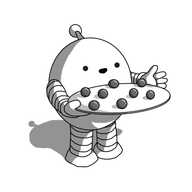 A round robot with banded arms and legs and an antenna. It's smiling and holding a circular tray or plate that is loaded with eight small, dark, shiny spheres.