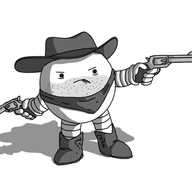 A spherical robot with banded arms and legs, dressed as an Old West bandit: it has a dark stetson hat, embroidered cowboy boots, a kerchief tied around it just above its arms and two revolvers. It has stubble and is chewing on a toothpick, and is aiming one of the guns, which has a little flag sticking out of it that reads "GIVE ME YOUR MONEY" in a stencil font.