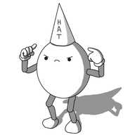 An ovoid robot with jointed arms and legs, wearing a conical hat that has the word 'HAT' written vertically on it. The robot is pointing with both hands at the hat, crouching slightly, with a very annoyed expression on its face.